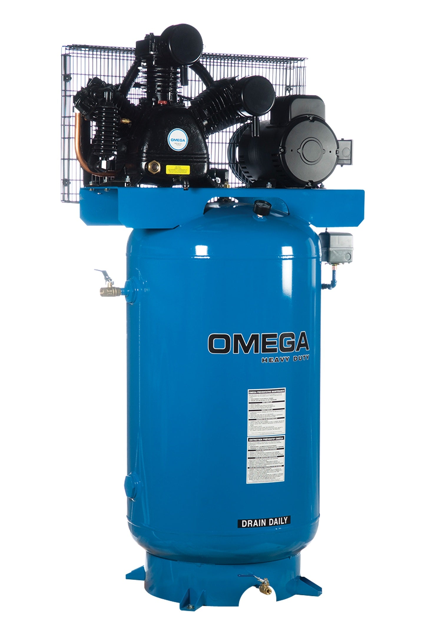 Omega blue 5 HP 80-gallon industrial air compressor, upright tank